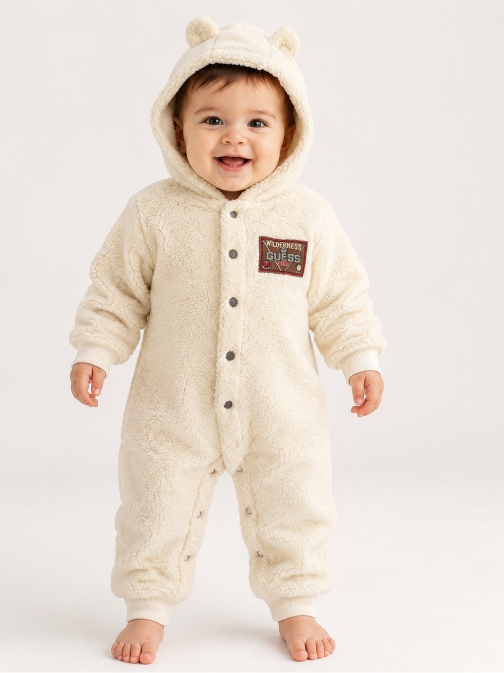 Vintage Baby Guess Wilderness Sherpa Bear Ear Bunting Romper Unisex 6 - 12M